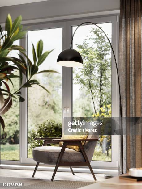 computer generated image of arm chair in living room - window stock pictures, royalty-free photos & images