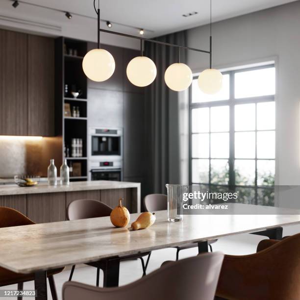 3d-wiedergabe einer küchenbucht und eines essbereichs im wohnzimmer - table lamp stock-fotos und bilder