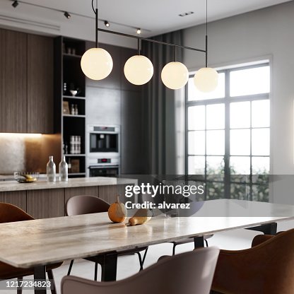 3D rendering of a kitchen bay and dining area in living room 3D rendering of a kitchen bay and dining area in living room