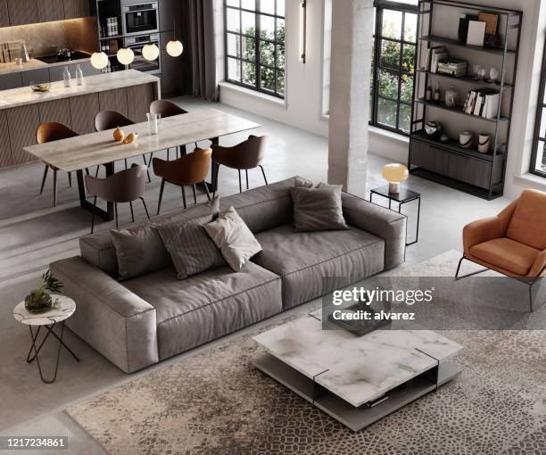 sala de estar bien amueblada render - interior design fotografías e imágenes de stock