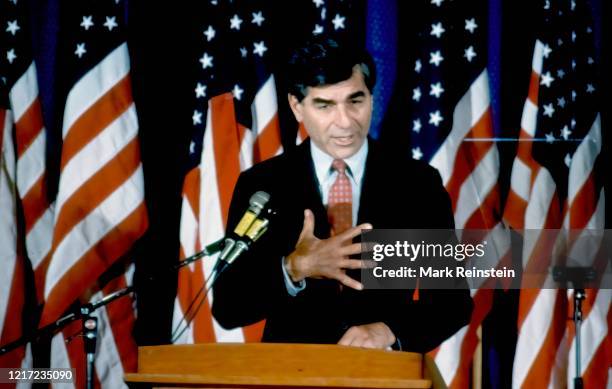 Democratic Presidential candidate Governor of Massachusetts Michael Dukakis speaking at the Chicago Council of Foreign Relations, Chicago Illinois,...