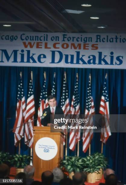 Democratic Presidential candidate Governor of Massachusetts Michael Dukakis speaking at the Chicago Council of Foreign Relations, Chicago Illinois,...