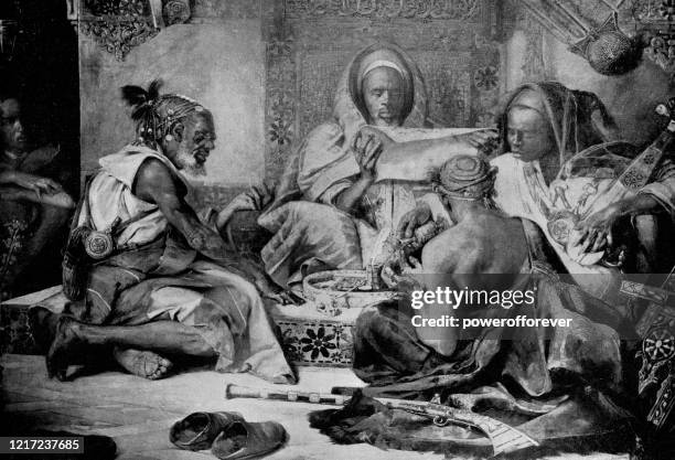 meeting of friends in tangier by gyula tornai - 19th century - moroccan food stock illustrations