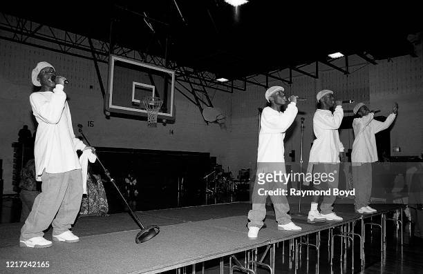 Singers Eric McNeal, Roy Jones, Keith Thomas and Trerail Puckett of Subway performs at Englewood High School in Chicago, Illinois in November 1995. "n