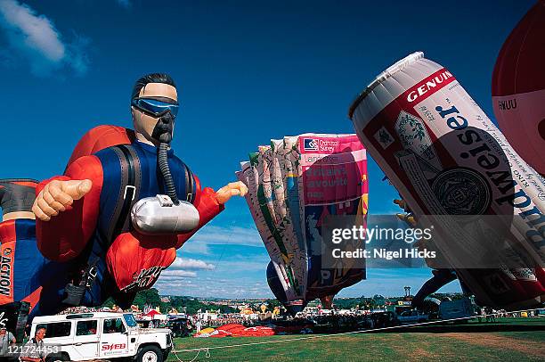 hot airballoons at the bristol balloon fiesta in august - bristol balloon stock pictures, royalty-free photos & images