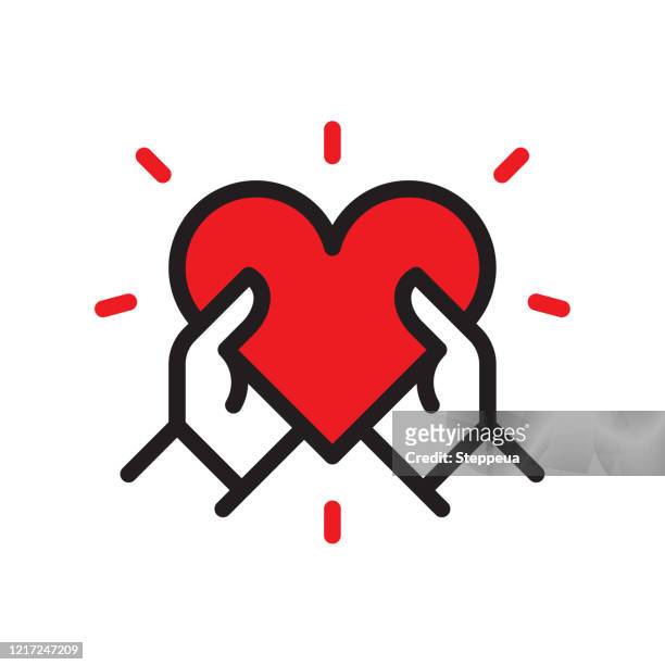 ilustraciones, imágenes clip art, dibujos animados e iconos de stock de corazón en el icono de la línea de las manos - generosidad