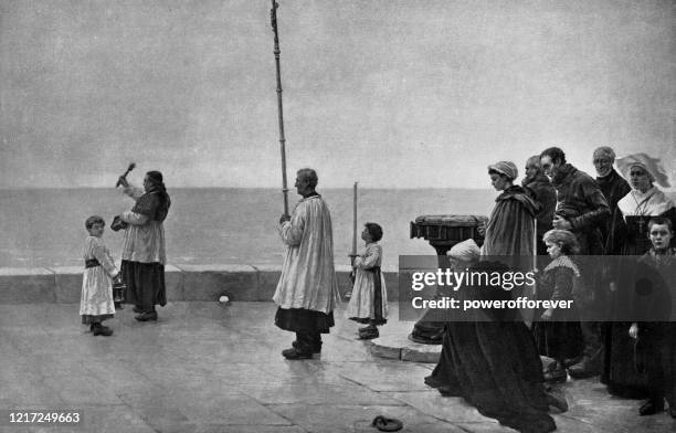 stockillustraties, clipart, cartoons en iconen met de zegen van de zee door georges jean marie haquette - 19e eeuw - altar boy