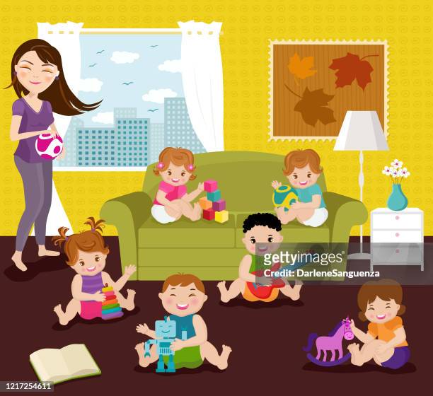 ilustraciones, imágenes clip art, dibujos animados e iconos de stock de niños jugando con juguetes dentro de la casa. - mother and son playing