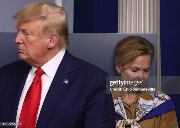White House coronavirus response coordinator Deborah Birx, and U.S. President Donald Trump participate in a briefing following a meeting of his...