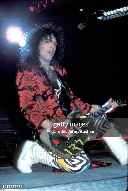 Singer, songwriter and guitarist Paul Stanley is shown performing on stage during a "live" concert appearance with The Kinks on April 16, 1986.