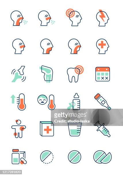 healthcare, medical and pharmaceutical line art icon illustration set. medicine, symptoms, diagnosis and conditions. - fever stock illustrations