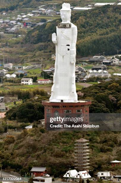 In this aerial image, a 100-metre-tall Kannon statue stands on March 31, 2020 in Awaji, Hyogo, Japan. The statue will be demolished as the statue is...