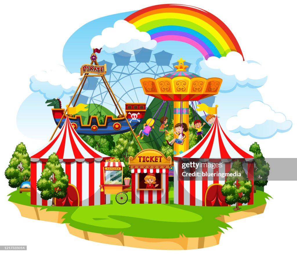 Themepark Scene With Many Rides And Happy Children High-Res Vector ...