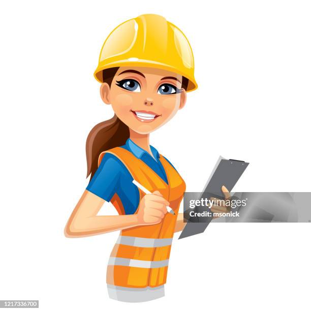 stockillustraties, clipart, cartoons en iconen met de vrouw van de ingenieur - beschermende werkkleding