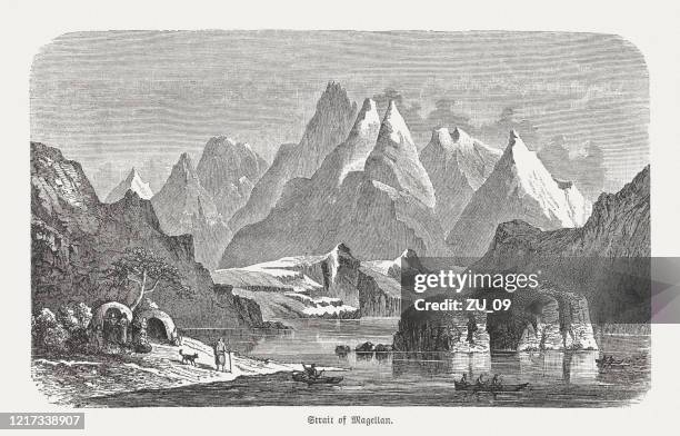 stockillustraties, clipart, cartoons en iconen met straat van magellan, zuid-amerika, houtgravure, gepubliceerd in 1893 - ferdinand-magellan