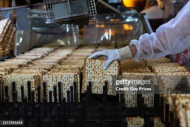 Workers making matzah for Passover at Matzot Aviv factory with masks and gloves on April 07, 2020 in Bnei Brak, Israel. There are about 10,000...