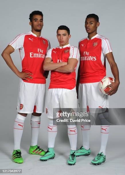 Yassin Fortune, Ismael Bennacer and Jeff Reine-Adelaide of Arsenal during an Arsenal Magazine photoshoot on February 22, 2016 in London, England.