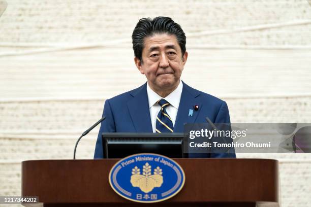 Japan's Prime Minister Shinzo Abe speaks during a press conference at the Prime Minister's official residence on April 07, 2020 in Tokyo, Japan. The...