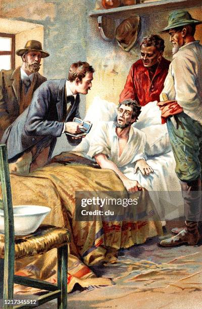 sick man in bed, surrounded by friends - archival doctor stock illustrations