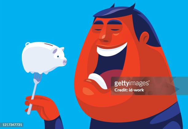 evil man going to eat piggy bank - selfishness stock illustrations