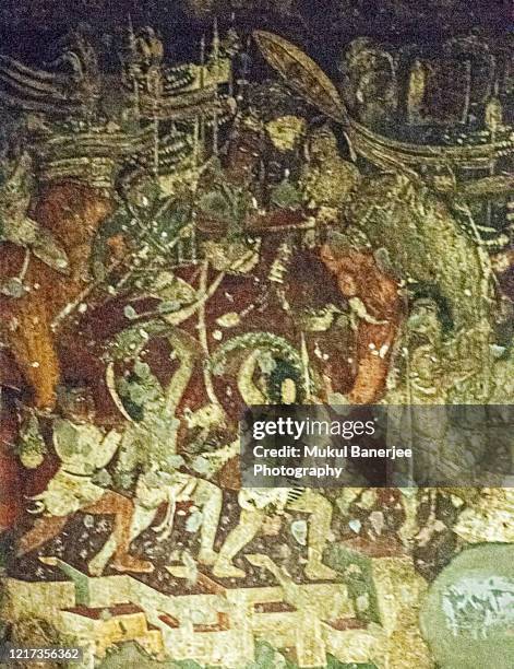 fresco paintings of ancient ajanta buddhist caves predominantly narrates the jataka tales social story, an unesco world heritage site near aurangabad, maharashtra, india - buddha painting stock pictures, royalty-free photos & images