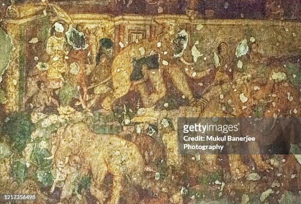 fresco paintings of ancient ajanta buddhist caves predominantly narrates the jataka tales social story, an unesco world heritage site near aurangabad, maharashtra, india - buddha painting stock pictures, royalty-free photos & images