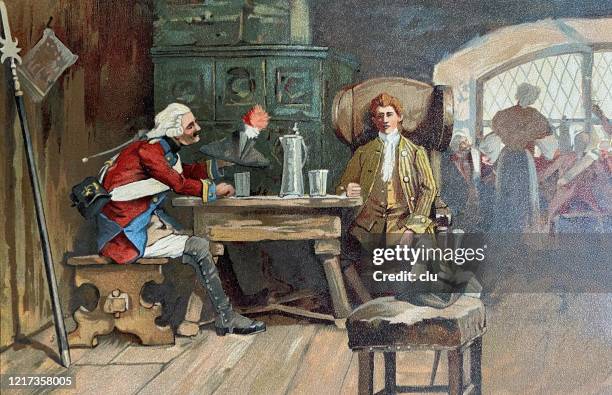 soldier sitting in pub talking to young man - bar table stock illustrations