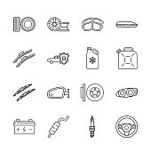 Auto parts for car service flat line icon set. Vector illustrations to indicate product categories in the online auto parts store. Car repair. Brake pad, wheel, tire, wiper blade, spark plug, brake rotor