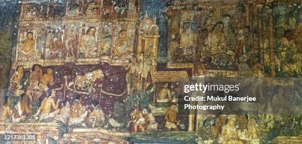 fresco paintings of ancient ajanta buddhist caves predominantly narrates the jataka tales social story, an unesco world heritage site near aurangabad, maharashtra, india - buddha painting stock pictures, royalty-free photos & images