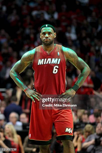 LeBron James of the Miami Heat looks on against the Chicago Bulls in Game Five of the Eastern Conference Finals during the 2011 NBA Playoffs on May...