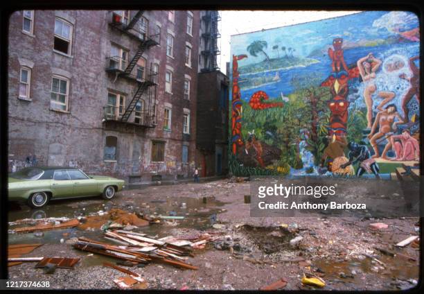 View, across a trash-strewn vacant lot, of a colorful mural on a wall, Bronx, New York, 1975.