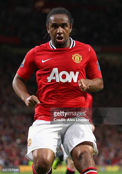 Anderson of Manchester United celebrates scoring his side's second goal during the Barclays Premier League match between Manchester United and...