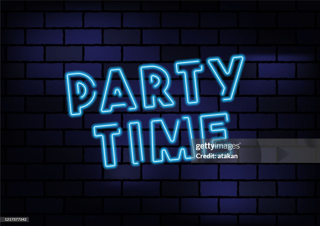 Party Week. Sign Party Sign Blue Neon Light On Dark Brick Wall High-Res Vector Graphic ...