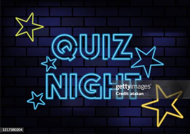 stockillustraties, clipart, cartoons en iconen met quiz night sign blue neon light on dark brick wall - bar gebouw