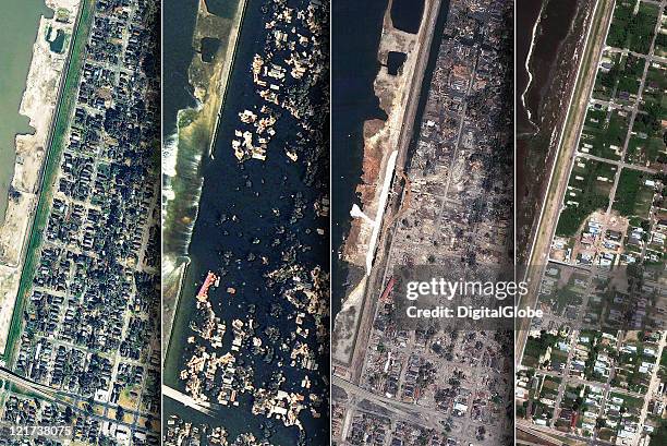 In this composite satellite image, The Lower 9th Ward is seen January 7, 2003 prior to hurricane Katrina, August 31, 2005 upon the levee being...