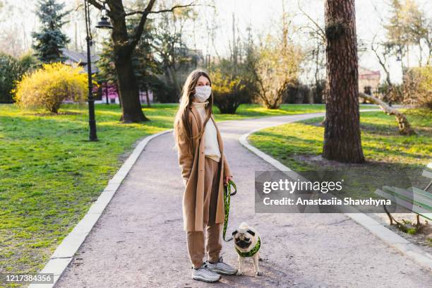 woman in protective mask walking with her dog in the city park during spring sunset - dog mask stock pictures, royalty-free photos & images