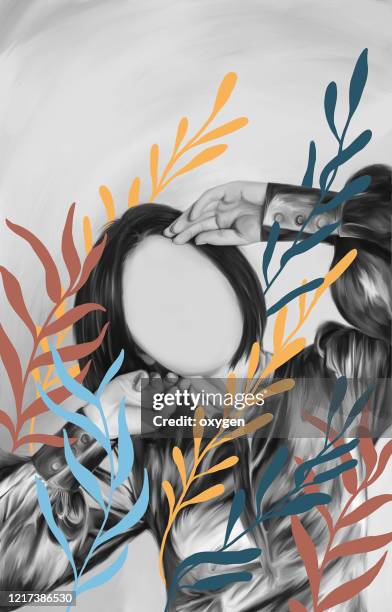 portrait of woman without face on black white color. digital illustration on colorful plants - funny fine art painting portraits stock pictures, royalty-free photos & images