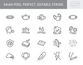 Medical masks line icons. Vector illustration included icon - n95 respirator mask, external influence protection, breathable outline pictogram, material properties 64x64 Pixel Perfect Editable Stroke