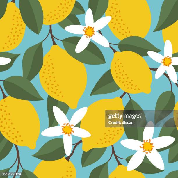 illustrazioni stock, clip art, cartoni animati e icone di tendenza di motivo tropicale senza cuciture con limoni gialli. fondo ripetuto frutta. stampa vettoriale luminosa per tessuto o carta da parati. - summer pattern