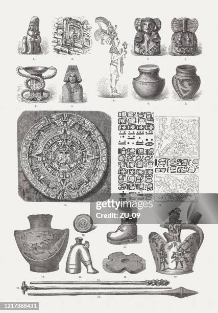 south and central american antiquities, wood engravings, published in 1893 - aztec stock illustrations