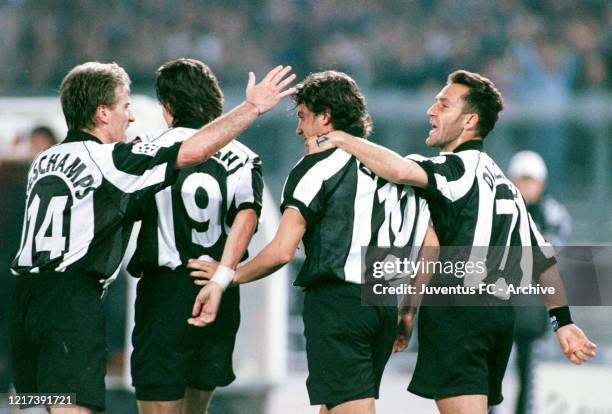 Alessandro Del Piero of Juventus celebrates with team mates Didier Deschamps, Filippo Inzaghi and Angelo Di Livio after scoring a goal during the...