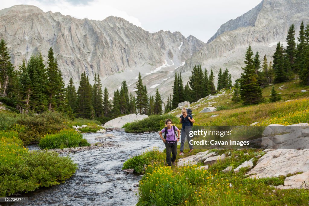 Women hike up creek, meadow to Pierre Lakes, Elk Mountains, Colorado