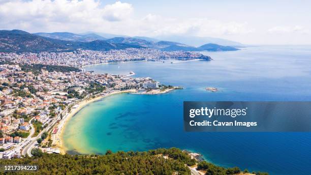 aerial view the city of kavala in northern greek. - kavalla stock-fotos und bilder