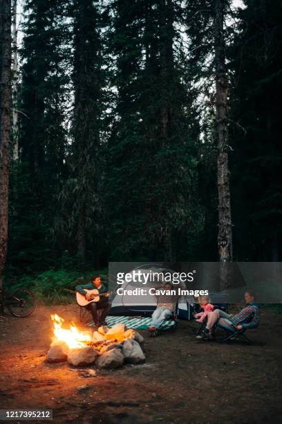 a group of friends sit around a campfire while camping in oregon. - oregon wilderness stock pictures, royalty-free photos & images