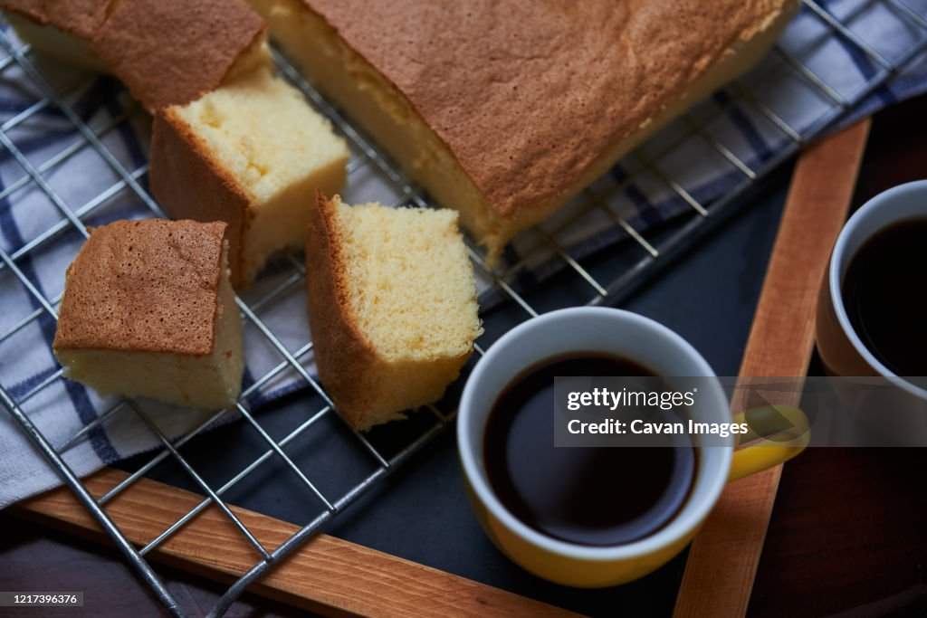 Black coffee with slides sponge cake