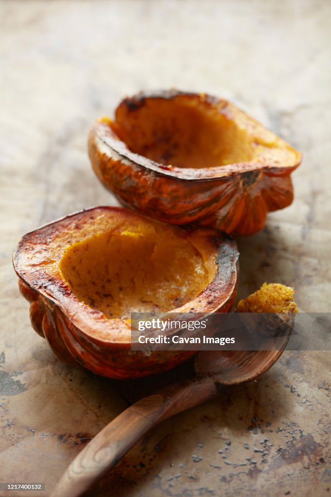 Baked Acorn Squash on Tin with Spoon