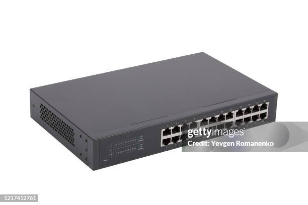 ethernet gigabit desktop switch with 24 ports isolated on white background - hub stock pictures, royalty-free photos & images