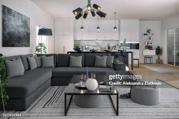 modern open space, kitchen and living room - grey sofa stock pictures, royalty-free photos & images