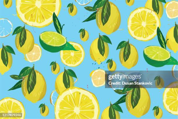 illustrazioni stock, clip art, cartoni animati e icone di tendenza di motivo al limone su illustrazioni di sfondo blu - lemons