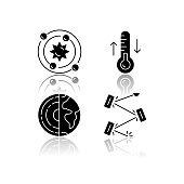Physics branches drop shadow black glyph icons set. Geophysics, thermodynamics, astrophysics and laser physics. Physical processes and phenomenons. Cosmology. Isolated vector illustrations